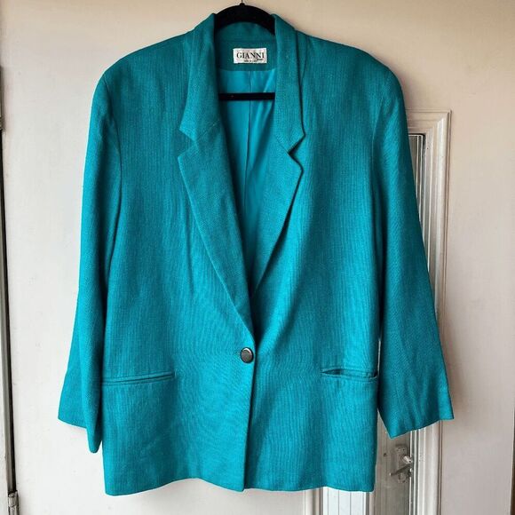 Vintage Gianni Sport Bright Teal Textured Blazer Jacket USA Made Size 14 - Picture 1 of 10